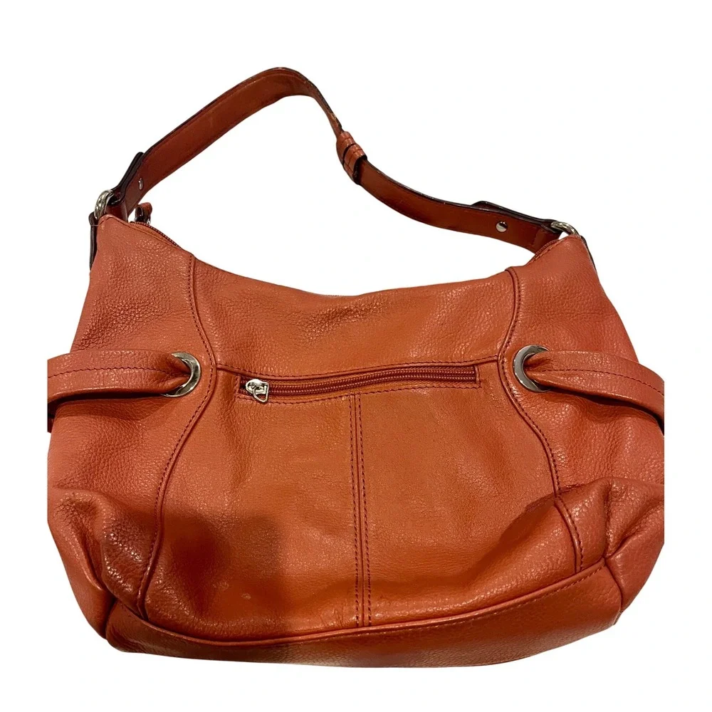 Tignanello Orange Pebbled Leather Hobo Shoulder Bag Purse Top Zip Silver Accents